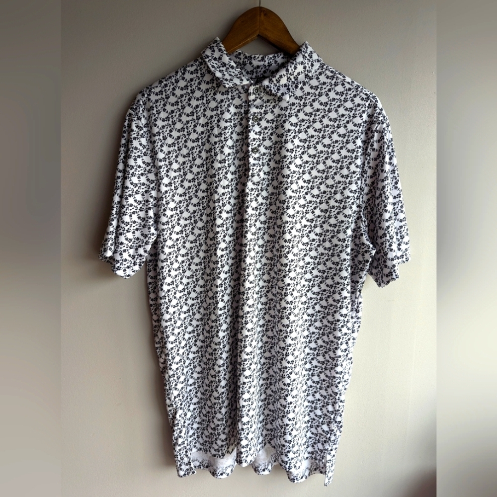 Level Wear Mens Polo Golf Shirt Floral Print Black and White Short sleeve Size L